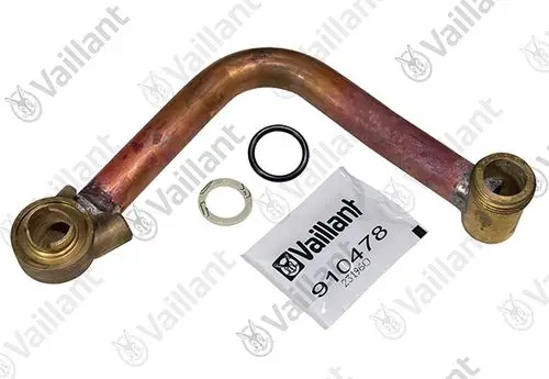Vaillant Rohr für Brennerkühlung, gebogen mit zwei Anschlüssen, einem O-Ring und einer Dichtung, auf einem blassen Hintergrund.